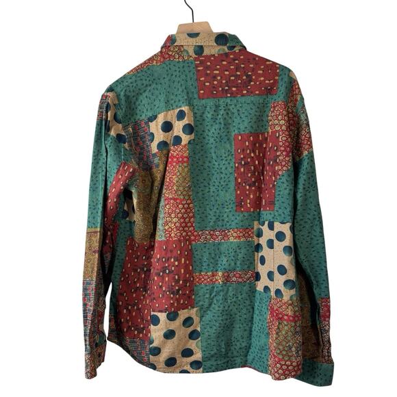 Luc Matton Mens Shirt XL Green Red Mixed Print Long Sleeve Linen Blend Designer - Picture 9 of 9